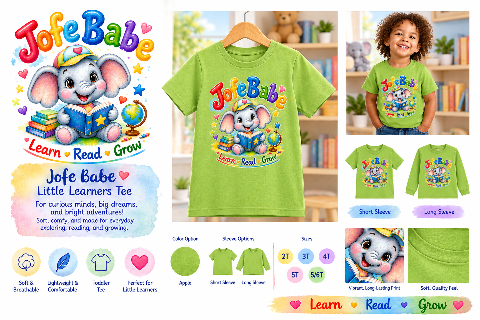 Jofe Babe Little Learners toddler tee in apple green — Learn, Read, Grow elephant design, shown with short and long sleeve options, sizes 2T to 5/6T