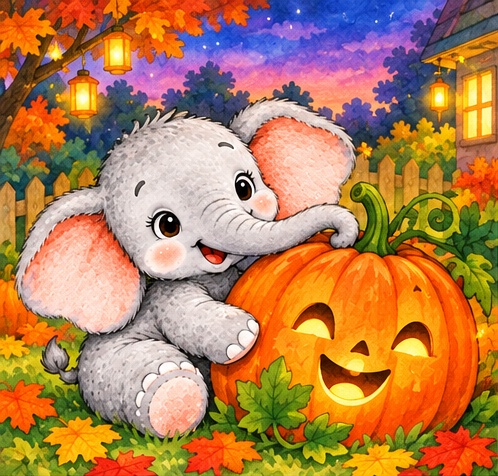 Lilly the baby elephant leaning her trunk over a big, smiling jack-o'-lantern on autumn grass, with glowing lanterns and a warm lit window behind a picket fence at dusk.